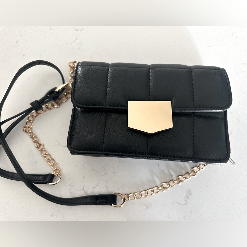 Moda Luxe Black & Gold Mini Handbag with Gold Chain Strap